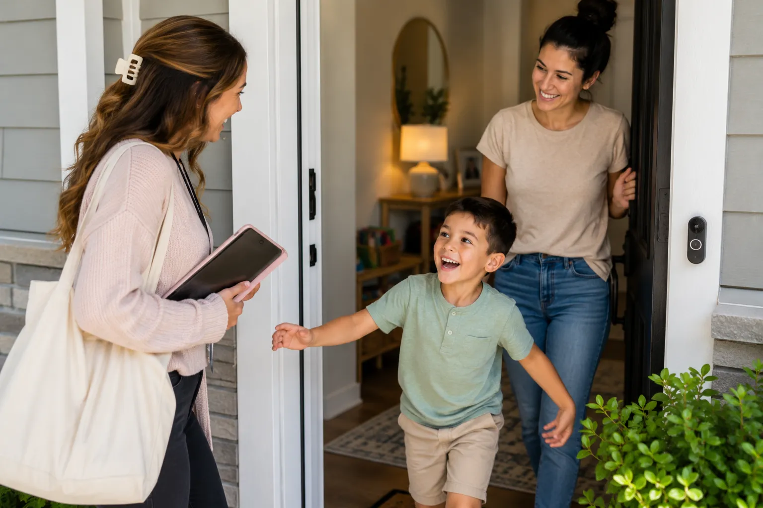 An Orchid Academy clinician greeting a parent and child at the front door for in-home ABA therapy in Bellevue, Washington.