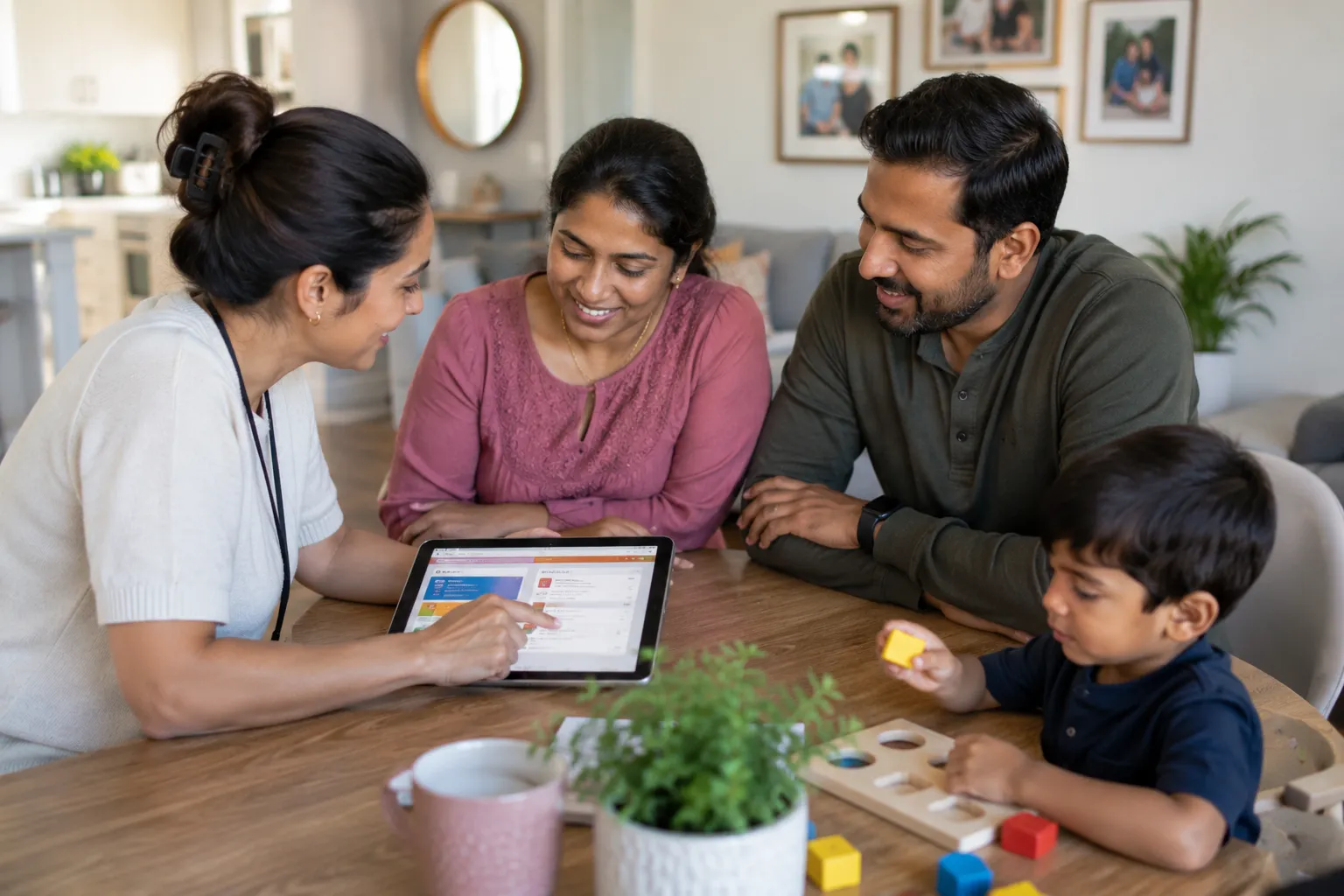 A family of four sitting at a dining table with a woman showing something on a tablet screen to the others, a young boy playing with wooden blocks, all smiling and engaging with the tablet.