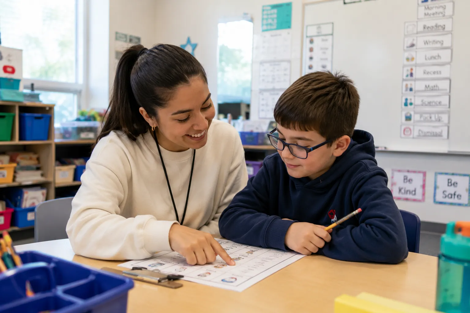 A provider and student working together during school-based ABA therapy in Kirkland, Washington.