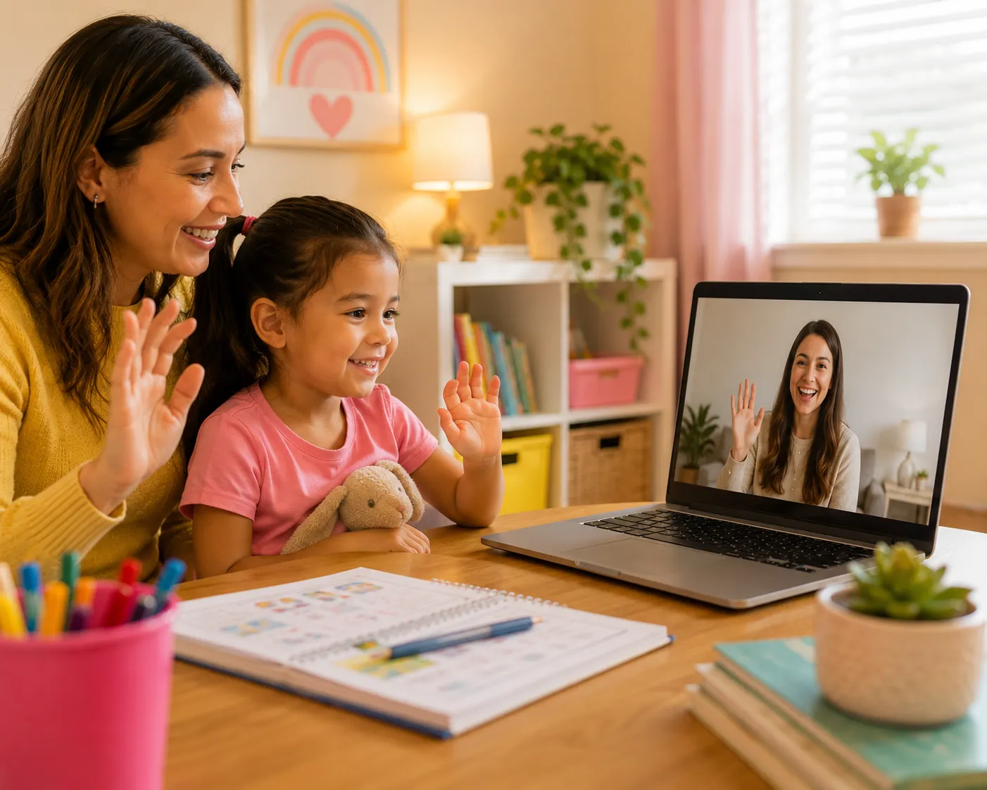 A family participating in a telehealth ABA session with Orchid Academy.
