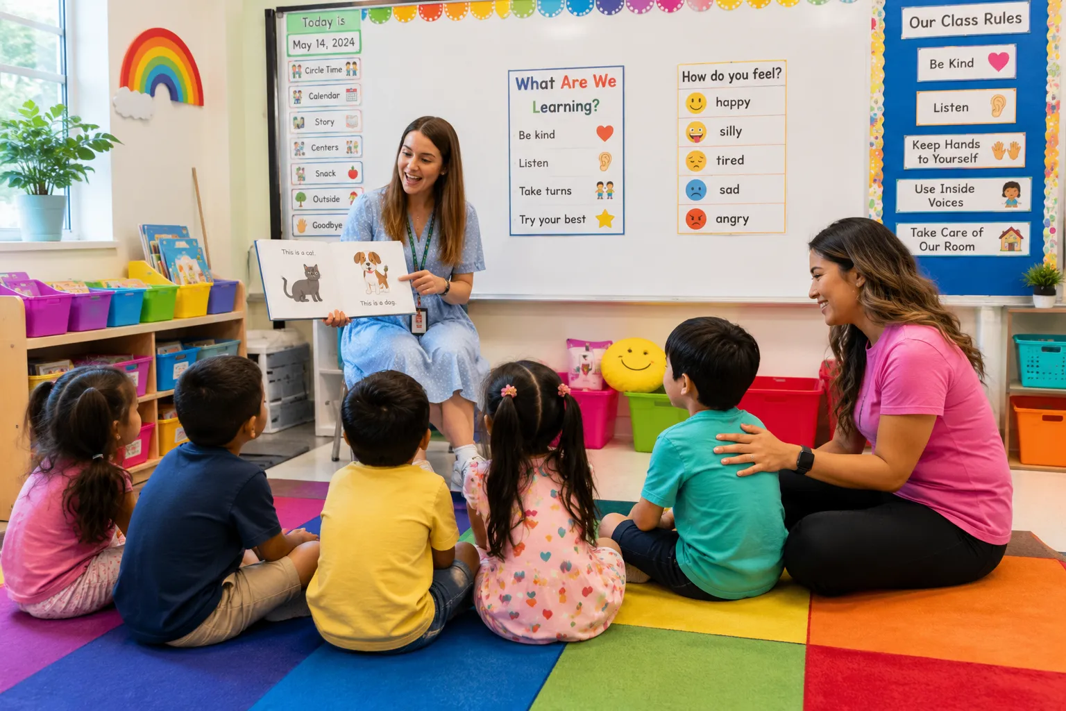 A teacher reads to young children during school-based ABA therapy at Sammamish Children's School in Sammamish, Washington.